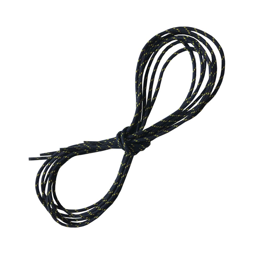 A pair of La Sportiva Shoelaces-Olympus Mons/Spantik Outerboot in black with small yellow spots, neatly coiled in a loose figure-eight shape, displayed against a white background.