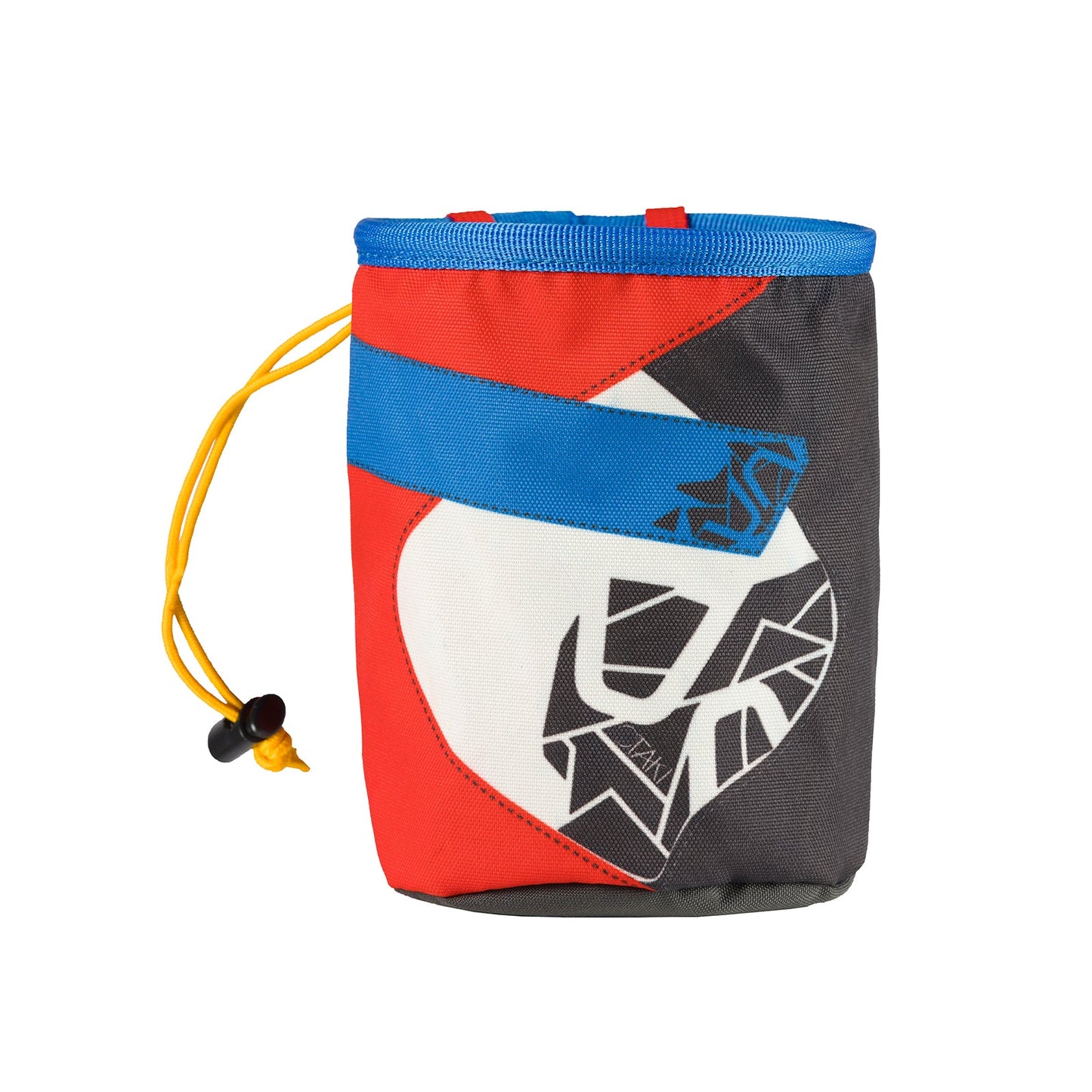 The La Sportiva Otaki Chalk Bag is a small cylindrical fabric bag with a colorful abstract design in red, blue, white, and gray, featuring a yellow drawstring closure with black toggle—perfect for carrying climbing chalk.