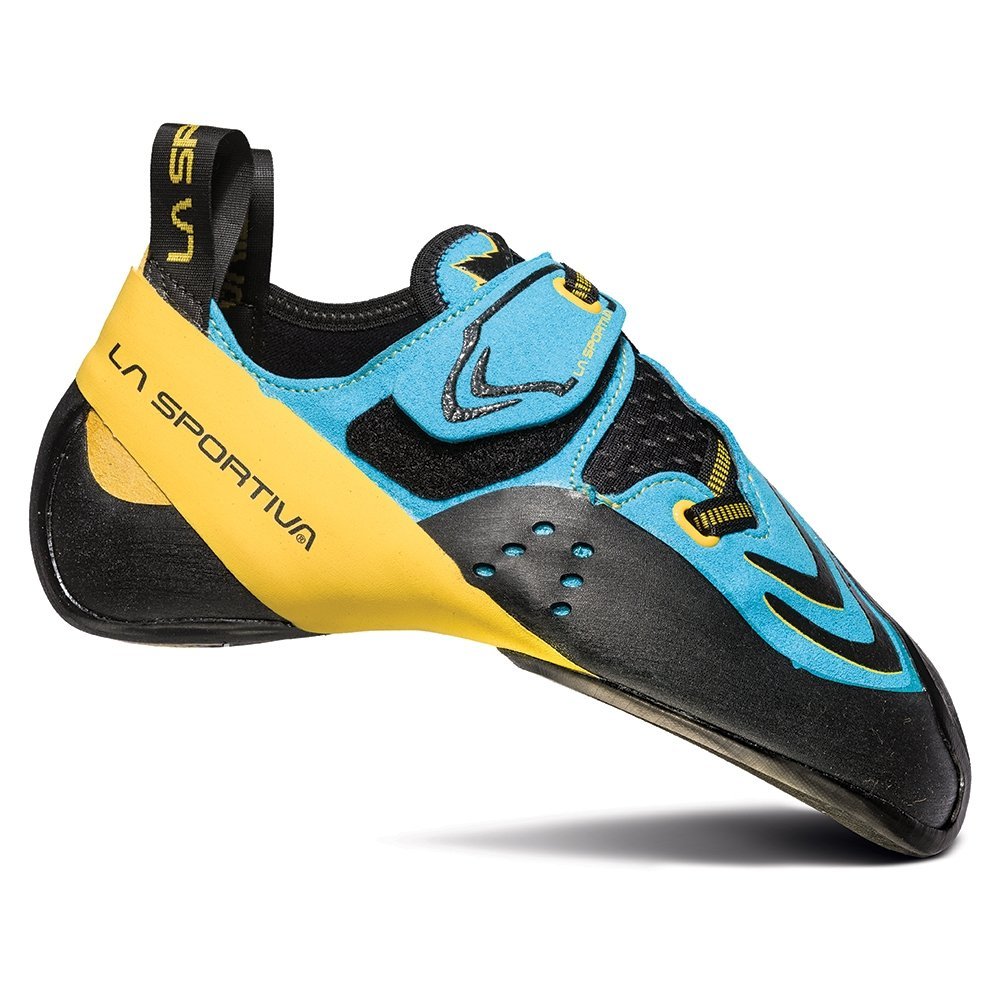 The La Sportiva Futura (2023) is a blue, yellow, and black climbing shoe with Velcro closure, rubber toe, and aggressive downturned No-Edge design for high-performance bouldering and sport climbing.