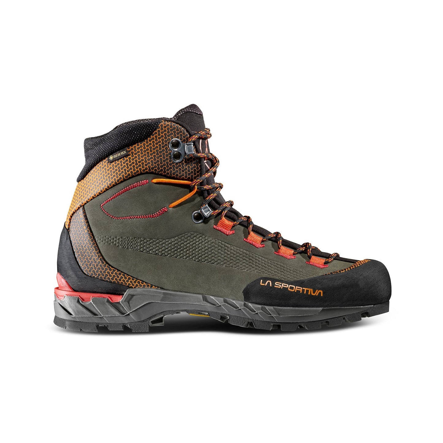 The La Sportiva Trango Tech Leather GTX is a waterproof boot in orange, black, and olive green with a rugged sole and ankle support—ideal for outdoor adventures in wet conditions.