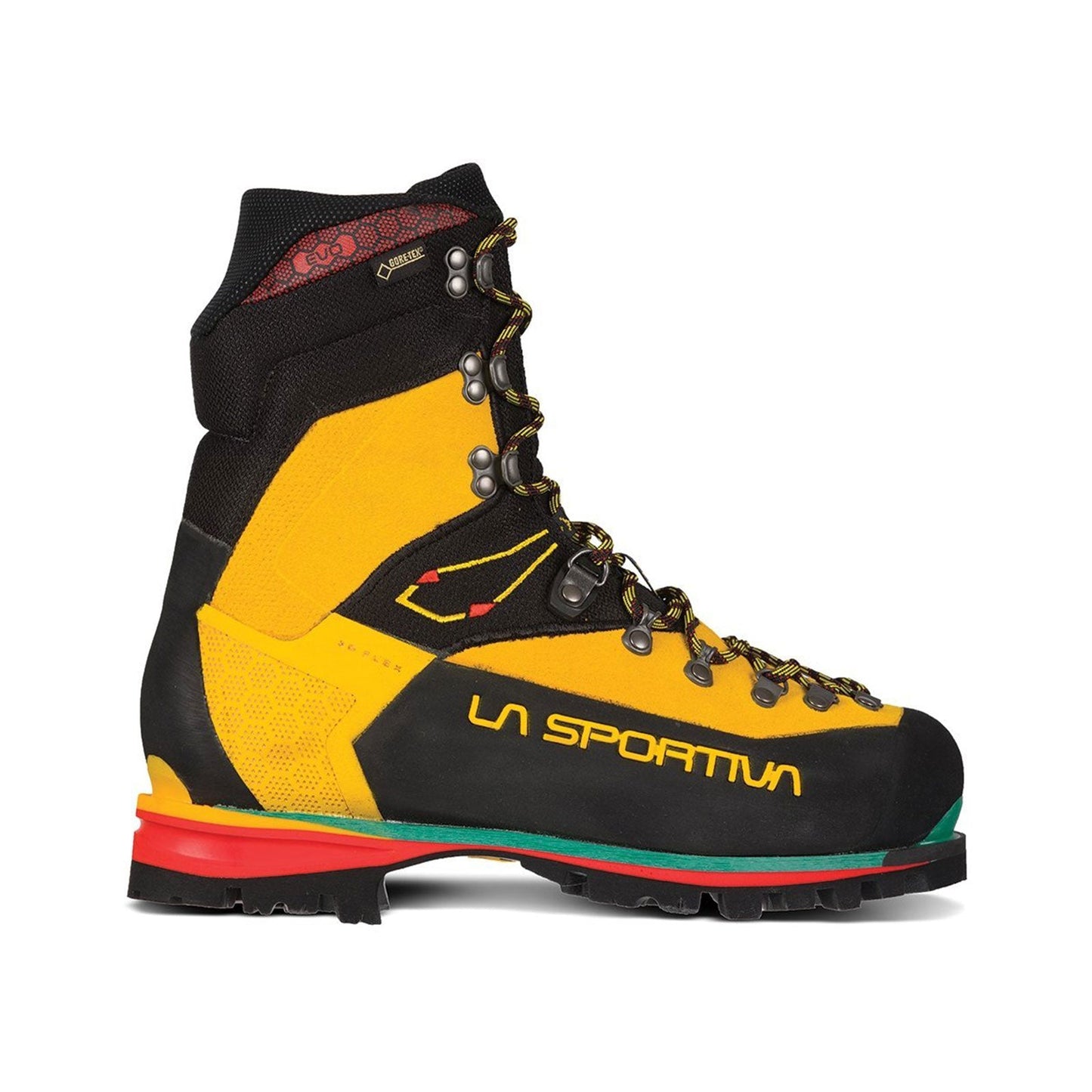 The La Sportiva Nepal EVO GTX is a yellow and black mountaineering boot with red, green, and black soles, metal eyelets, yellow-striped laces, Gore-Tex lining, and the La Sportiva logo in yellow—ideal for ice climbing adventures.