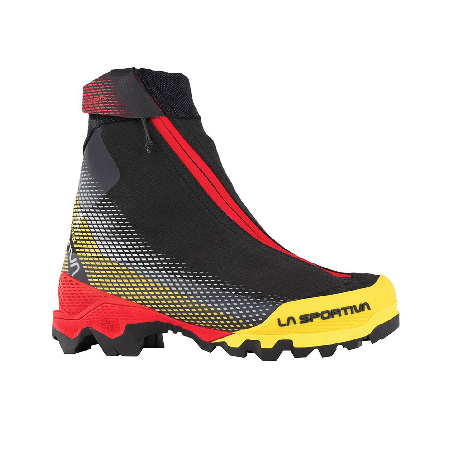 The La Sportiva Aequilibrium Top GTX is a durable alpine boot featuring a black upper, red zipper and trim, yellow and gray gradient details, rugged black sole, and bold yellow branding—ideal for demanding mountain adventures.