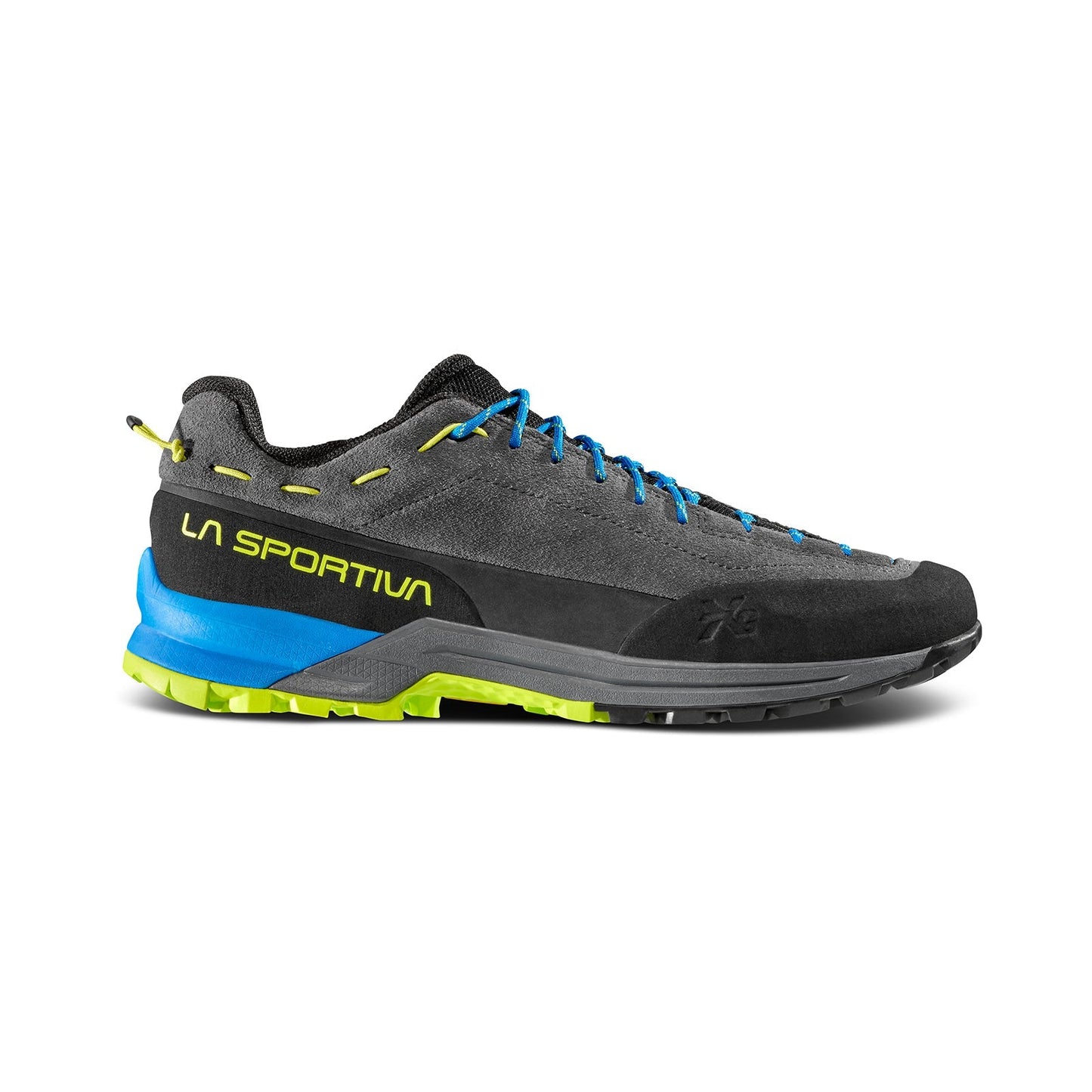 The La Sportiva TX Guide Leather is a grey approach shoe with blue laces, yellow branding, and a blue-yellow sole. Designed for hiking or approaches, it’s lightweight for comfort and built tough to resist abrasion on rugged terrain.