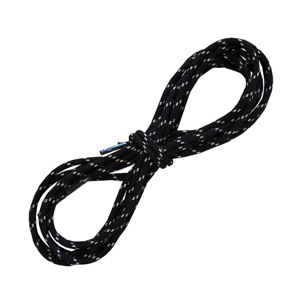 A black coiled climbing rope with white specks, secured by a loop and resembling the pattern of La Sportiva Shoelaces-Trango, is set against a plain white background.