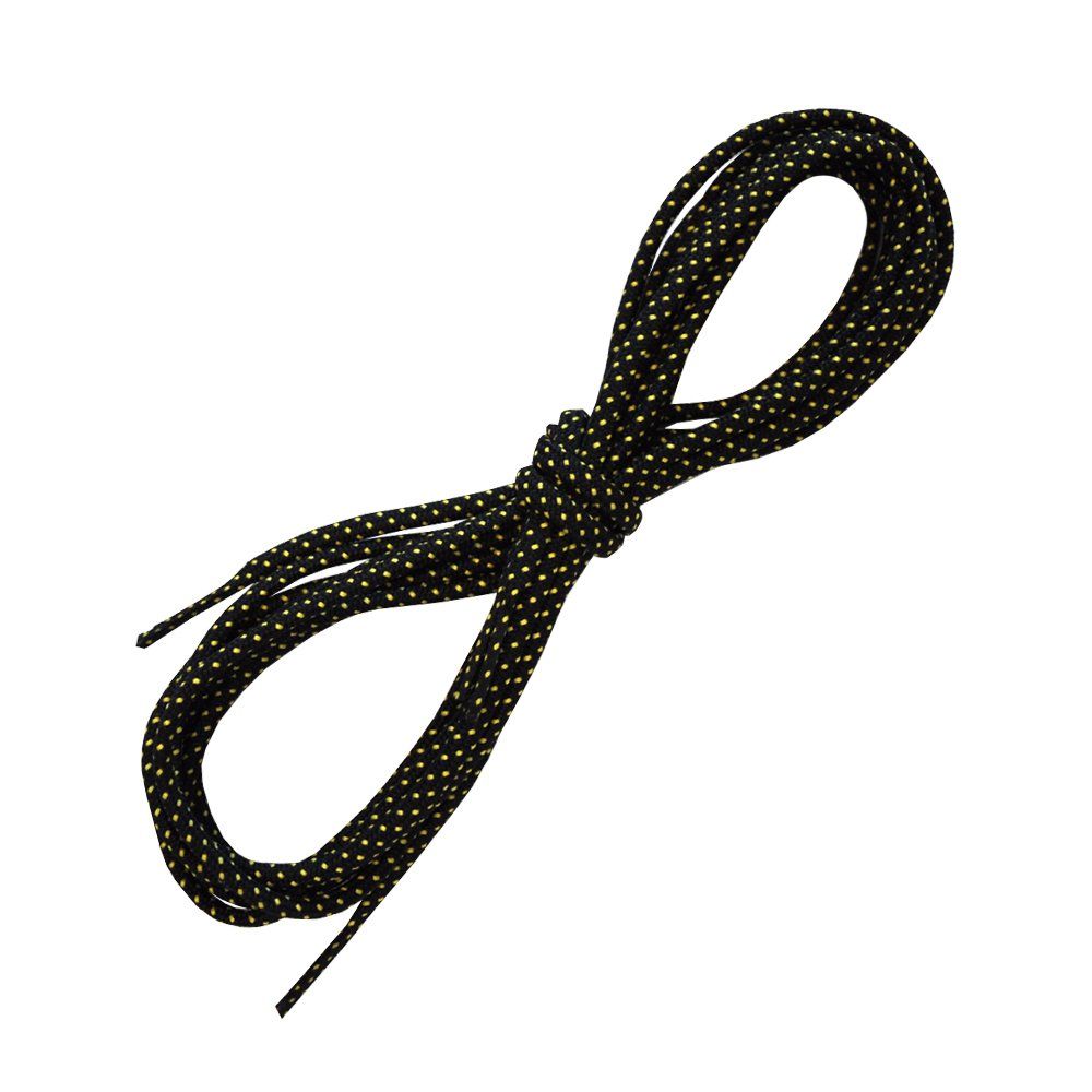 A pair of La Sportiva Shoelaces-Testarossa BlackYellow (160CM) with a black base and small yellow dots is loosely tied in a simple knot, both ends extending outward.
