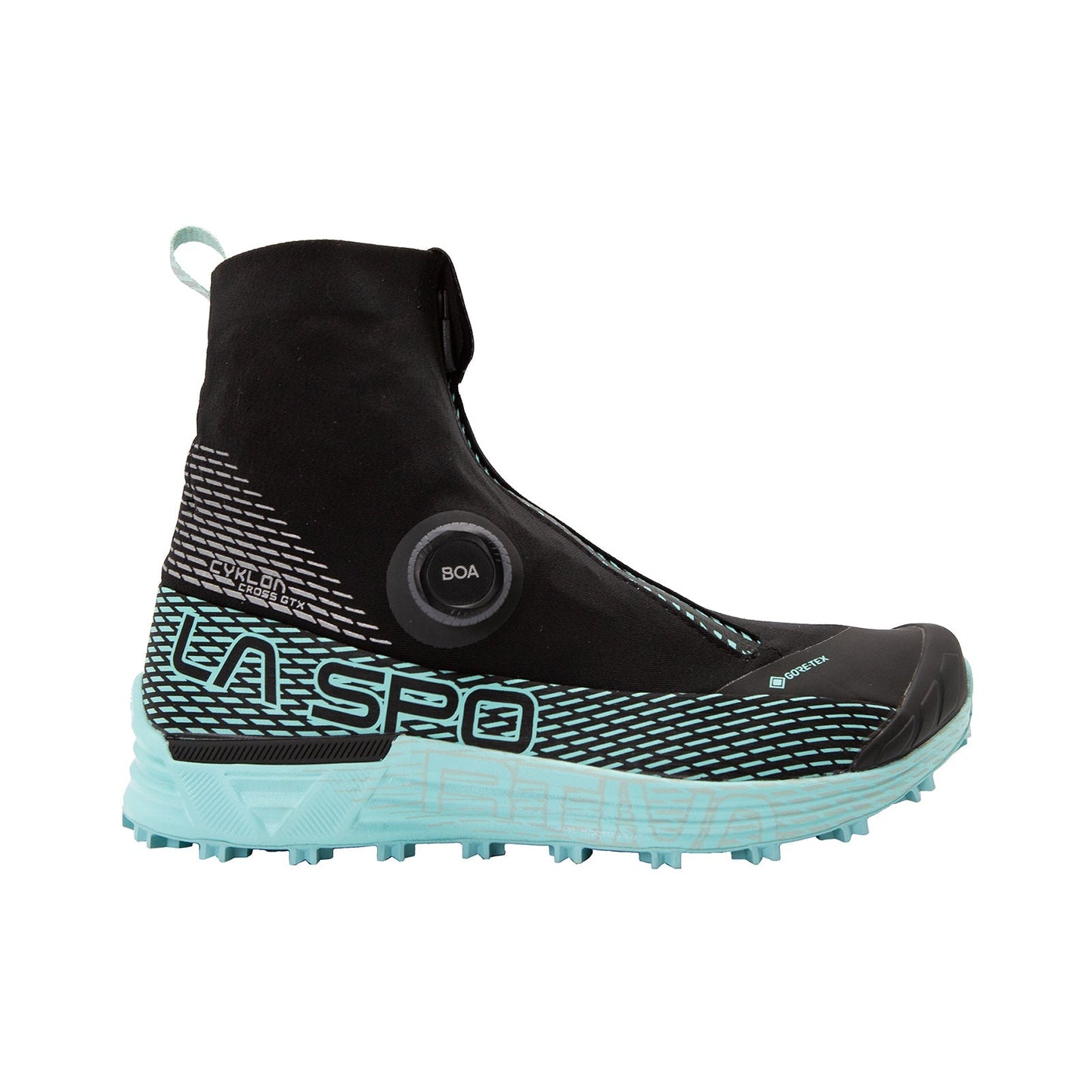 The La Sportiva Cyklon Cross GTX Women's is a black and light blue winter running shoe with a high ankle gaiter, Gore-Tex waterproof upper, BOA Fit System for easy adjustments, and a rugged sole for excellent traction.