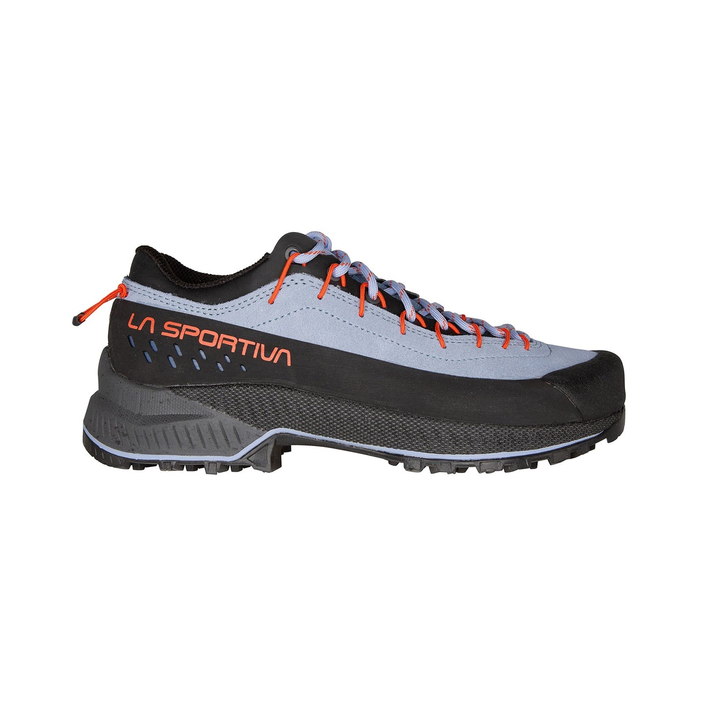 The La Sportiva TX4 EVO Women's shoe, eco-friendly leather in gray with black and orange accents, features a rugged Vibram Megagrip sole, black toe cap, and orange laces. Shown from the side on a white background.