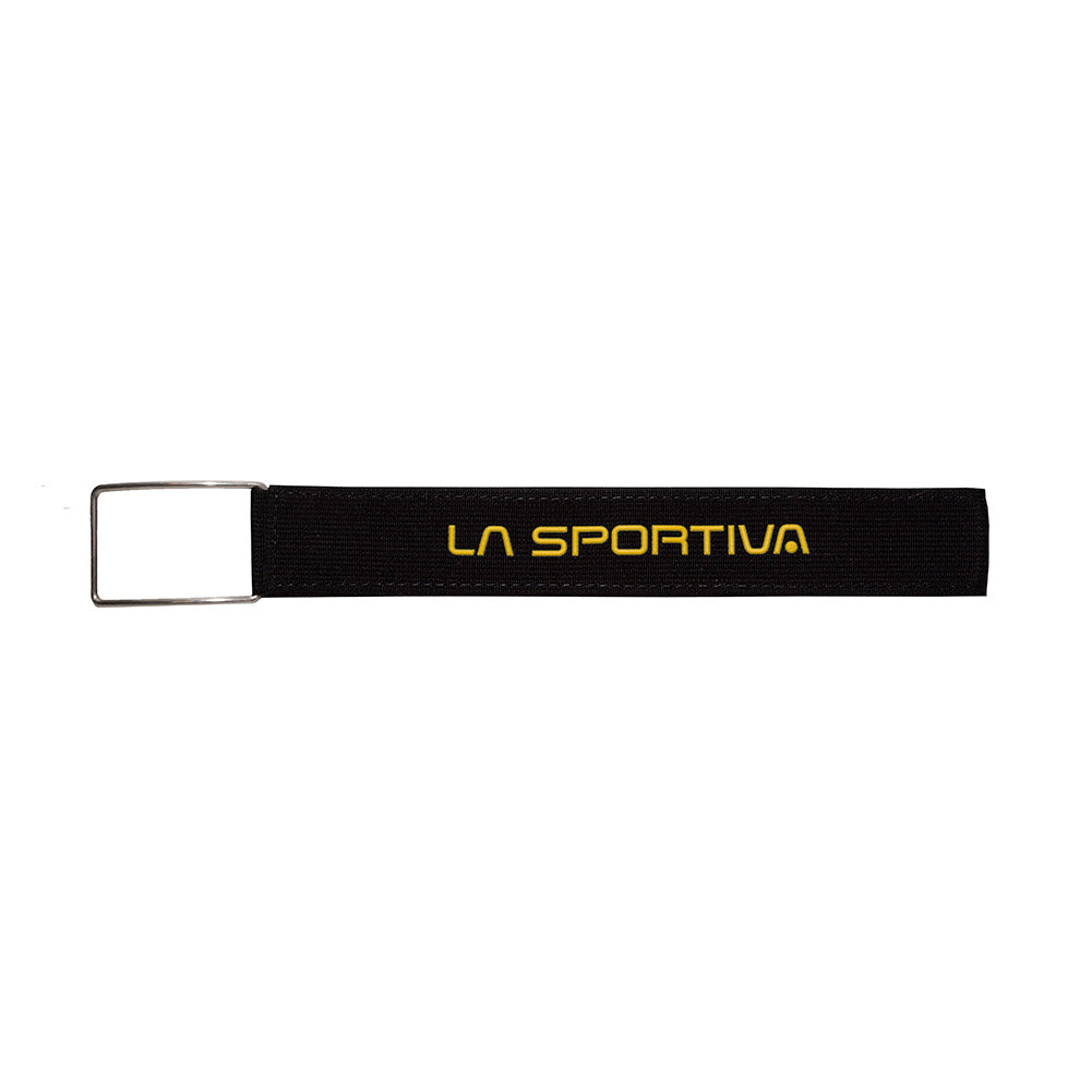 The La Sportiva Belt+Loop Kit RPS3 is a black fabric replacement power strap for the Sideral ski boot, with a metal rectangular loop on one end and "LA SPORTIVA" in yellow across the strap.