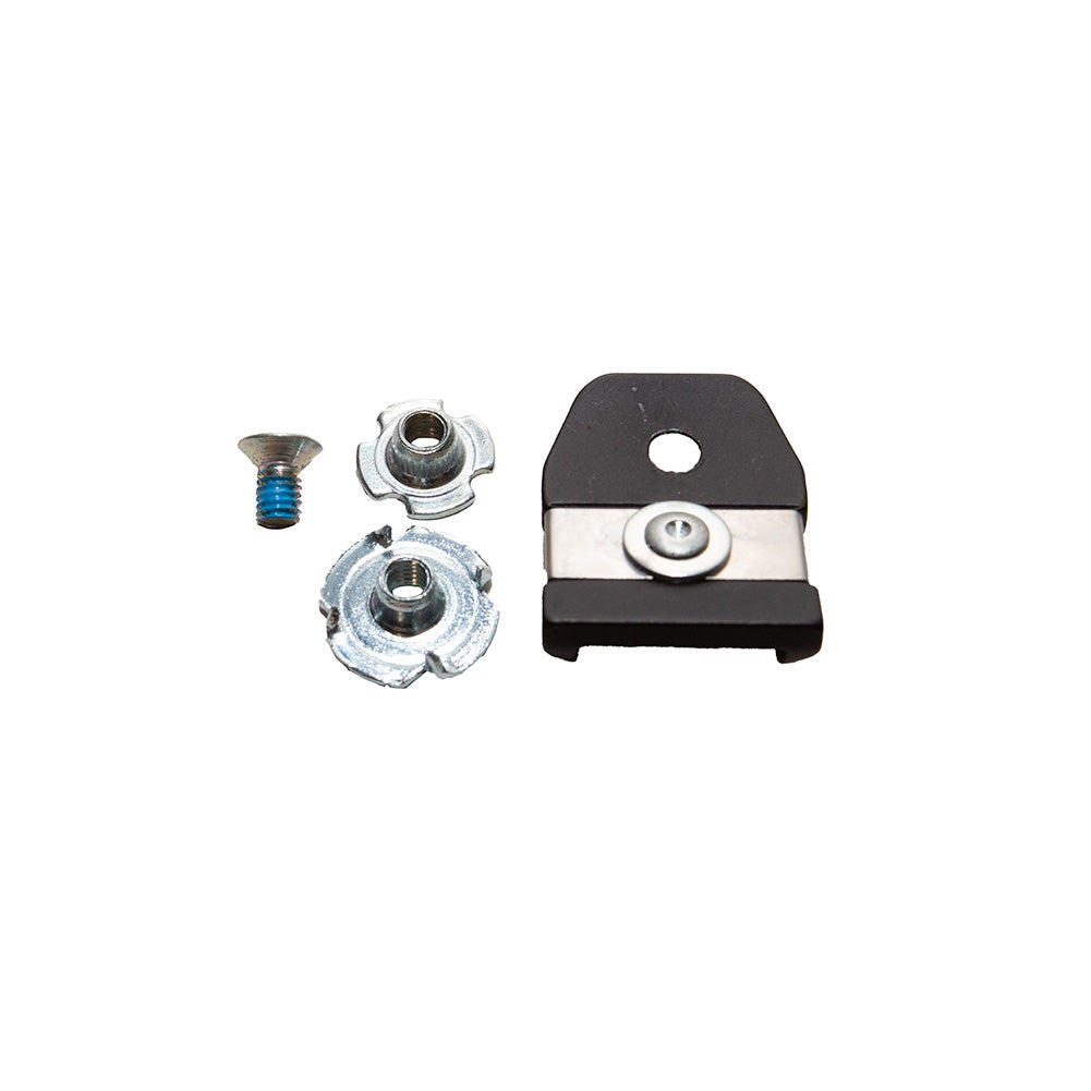 The La Sportiva Ratchet 4 Bt (Spectre/Sparkle) set includes a small screw, two T-nuts, and a black-and-silver Buckle Peg Receiver bracket, all made for Sparkle ski boots and displayed on a white background.