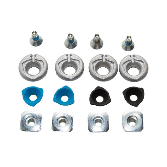 The La Sportiva Canting Kit (4 PC) displays metal hardware parts—bolts, washers, blue and black plastics, and square nuts—arranged in rows for Scafo-Cuff ankle hinge repair on a white background.