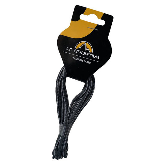 A pair of black La Sportiva Shoelaces-Mtn Running (107 cm) with white stitching, ideal as replacements for mountain running footwear, packaged on a branded La Sportiva holder displaying the logo and "Technical Laces" text.