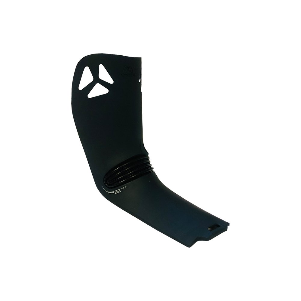 A black carbon fiber prosthetic foot with a curved design, triangular cutouts near the ankle, and a coiled base—resembling the streamlined Tongue Vega Men's by La Sportiva—is displayed against a white background.