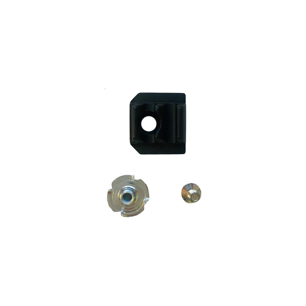 Three hardware components on a white background: the La Sportiva Lower Ratchet 1 Vega (black rectangular piece), a silver three-pronged T-nut in the center, and a small round ratchet screw at the bottom.