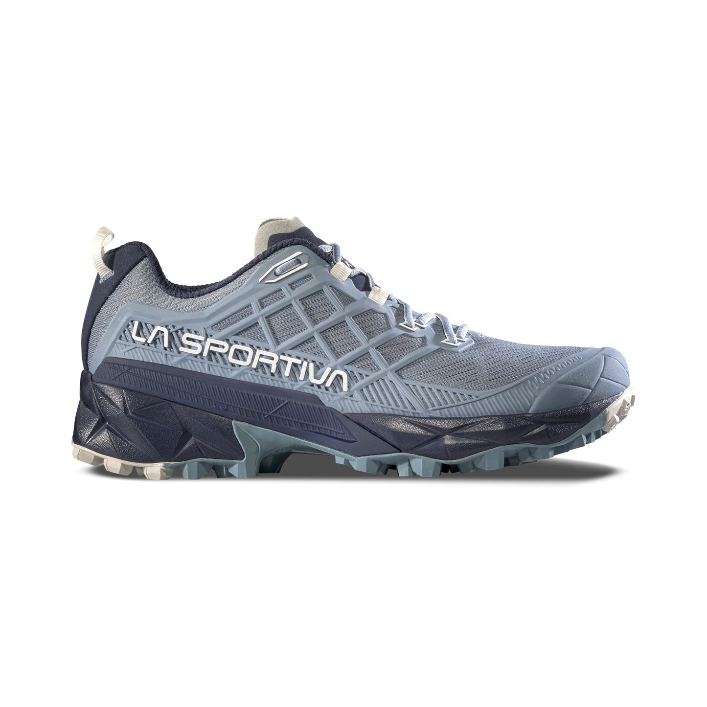 The La Sportiva Akyra II Women's is a blue and gray trail running shoe with a rugged sole and mesh upper, ideal for outdoor activities. The brand name appears on the side, shown against a white background. Perfect as women's hiking shoes.