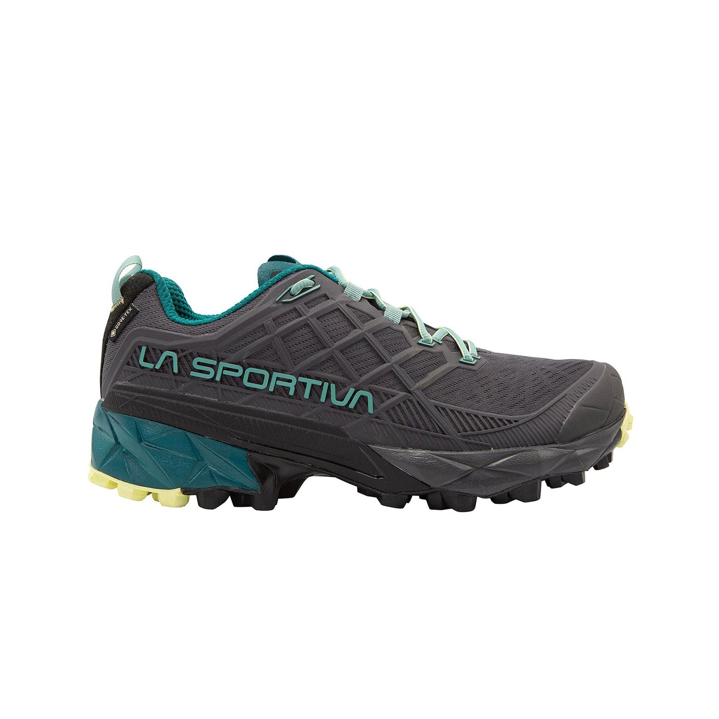 The La Sportiva Akyra II GTX Women's trail running shoe features a dark grey design with teal accents, a rugged black sole for great traction, and bold LA SPORTIVA branding on the side. Shown from the side on a white background.