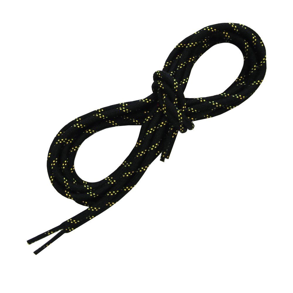 The La Sportiva Shoelaces-Katana Lace (125CM) features black laces with yellow dotted patterns, coiled in a loose figure-eight on a white background—perfect as replacement laces for climbing shoes.