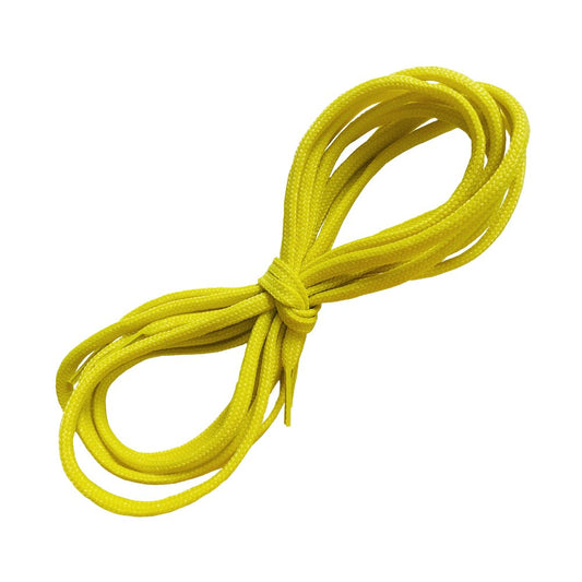 A bright yellow La Sportiva Shoelaces-Mythos ECO (170CM) is loosely coiled with a simple knot in the center, set against a plain white background.