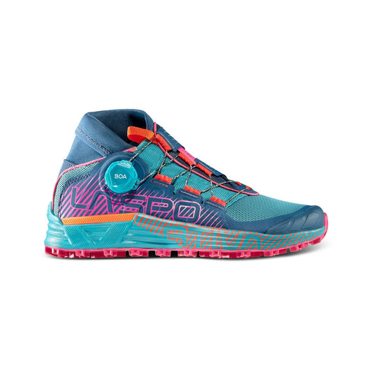 The La Sportiva Cyklon Women's is a vibrant athletic shoe with teal, blue, and pink tones, orange laces, a BOA dial closure, LASPO branding on the mesh upper, and a rugged pink sole—ideal for skyraces and technical off-road terrain.
