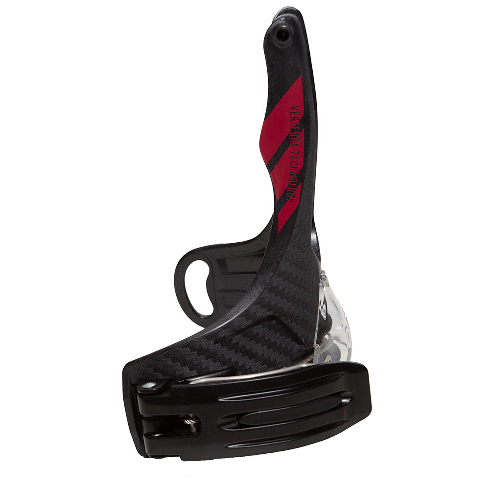 A black carbon fiber cycling water bottle cage with a red accent, angled design, and open side for easy access—styled like the La Sportiva Ski/Walk Mech Starlet mechanism.