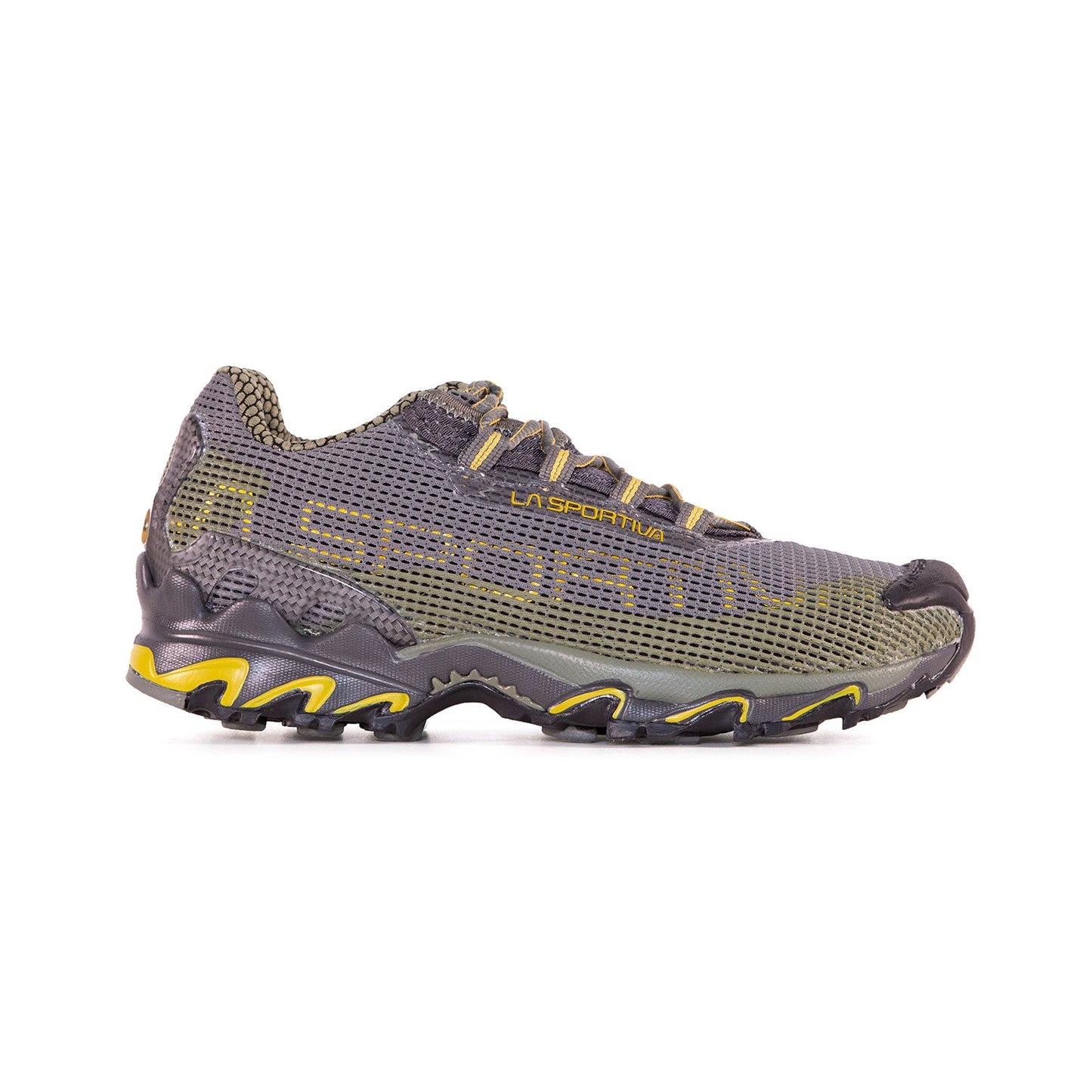 The La Sportiva Wildcat is a single olive green and black running shoe with yellow accents, mesh upper, thick textured sole, and La Sportiva logo. Photographed in profile on a white background, it’s perfect for long trail adventures.