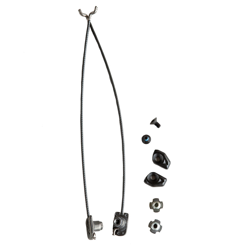 La Sportiva Shell Closing Wire Vanguard (Int. Side) kit includes two cables with metal ends, two black levers, a black screw, blue washer, and three mounting nuts, shown on a white background.