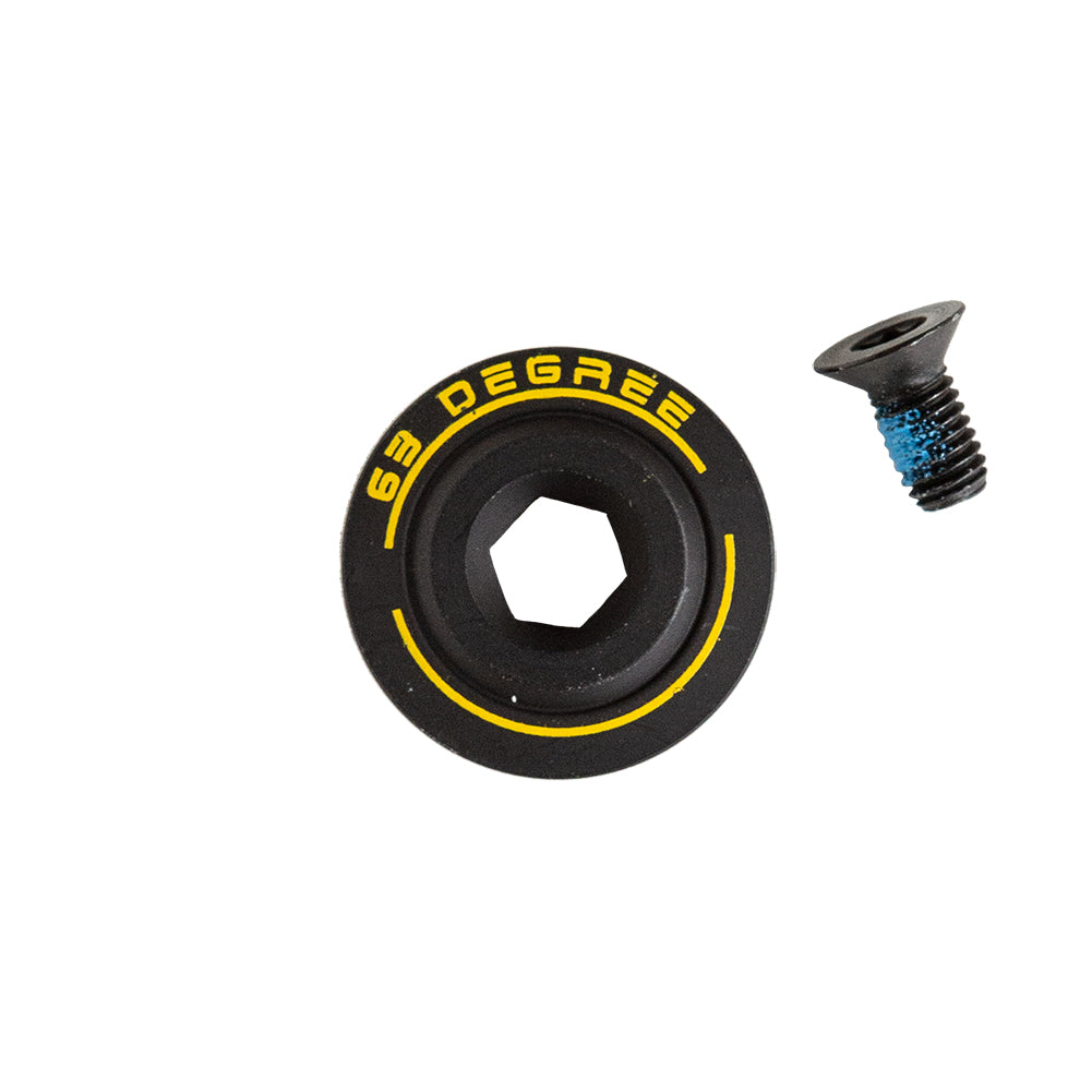 A La Sportiva Shell/Cuff Screw Vanguard and a black circular component labeled "63 DEGREE" in yellow, with blue threadlock, are shown on a white background—both compatible with Vanguard ski boots.