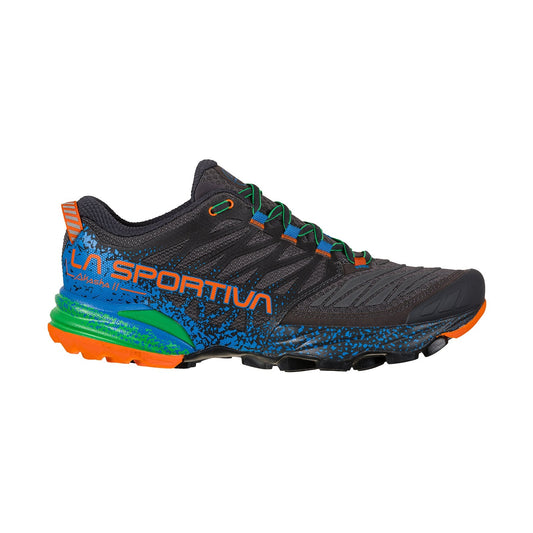 The La Sportiva Akasha II is a dark gray trail running shoe with blue, green, and orange accents, LA SPORTIVA branding on the side, and a rugged sole—perfect for high-mileage runs on technical terrain.