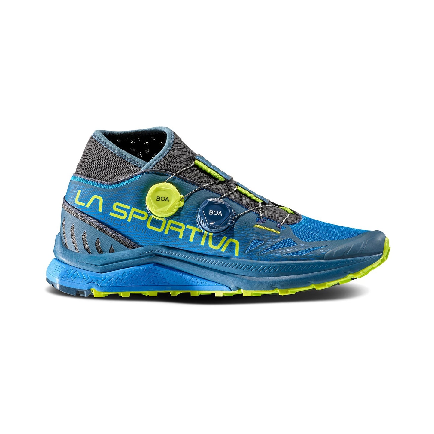 The La Sportiva Jackal II BOA (2023) is a blue and gray mountain running shoe with neon yellow accents, BOA Fit System dial closures, and a textured rubber sole for grip—designed for comfort on ultra-long distance trails.
