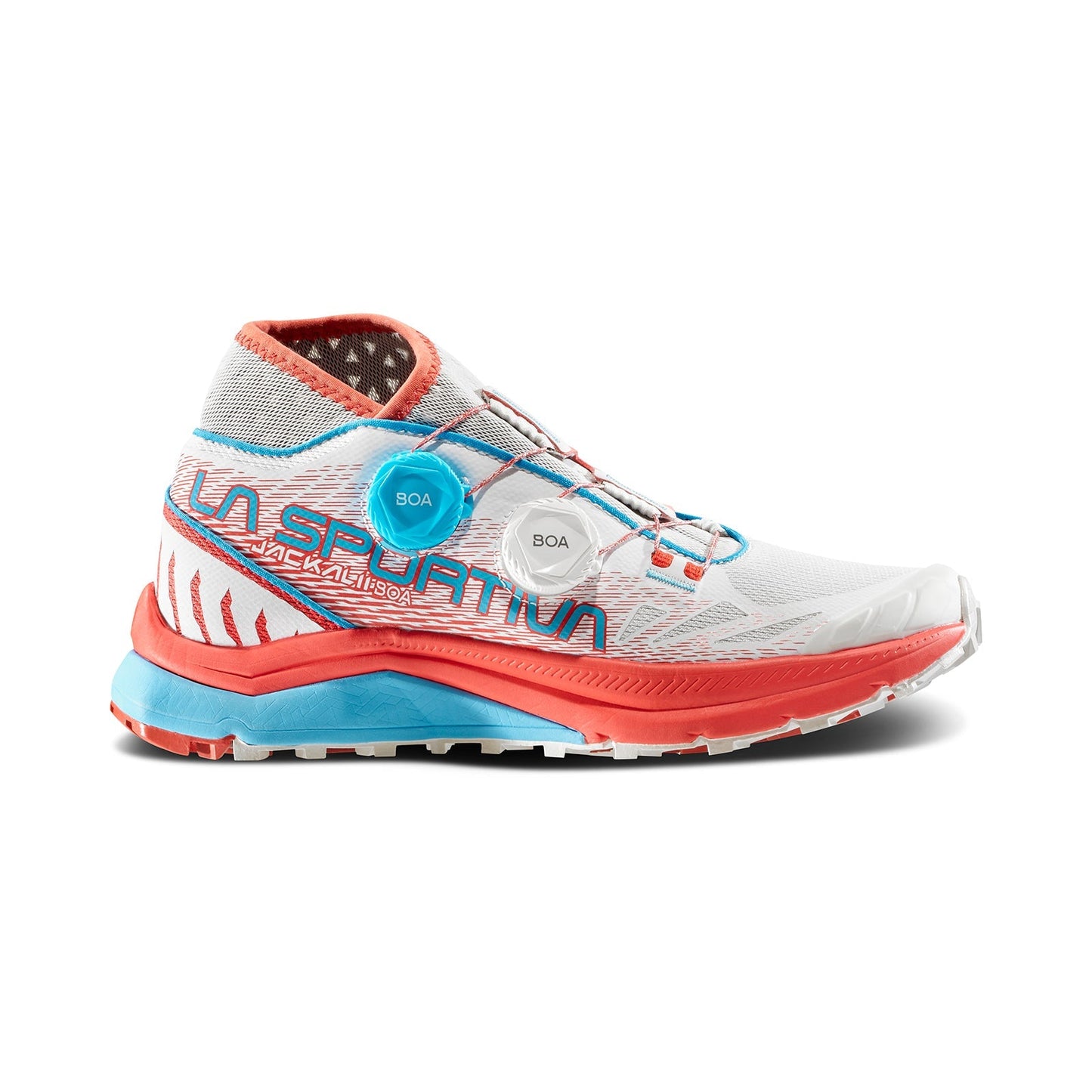The La Sportiva Jackal II BOA Women's (2023) is a white, red, and blue mountain running shoe with a mesh upper, bold blue and red branding, dual BOA Fit System dials, and a rugged sole built for ultra-long distance outdoor adventures.