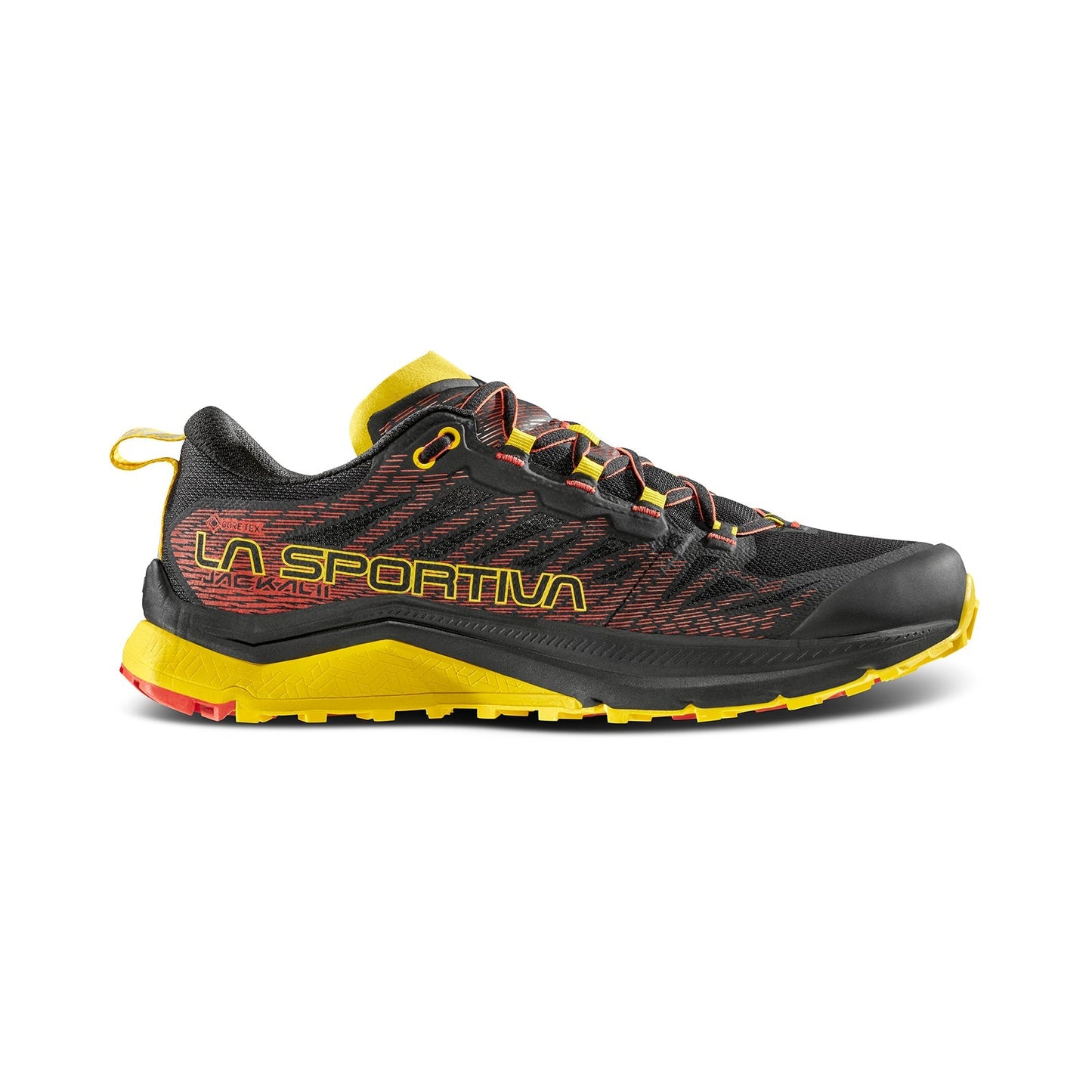 The La Sportiva Jackal II GTX is a black trail running shoe with red and yellow accents, La Sportiva branding on the side, a yellow sole and heel pull tab, plus plush cushioning for extra comfort on every run.