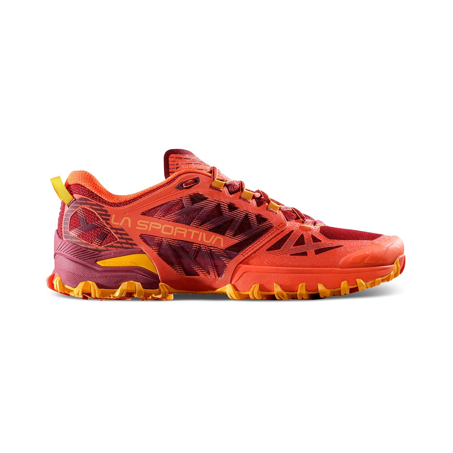 The La Sportiva Bushido III is a vibrant red and orange mountain running shoe with yellow details, rugged sole tread, and bold La Sportiva branding—ideal for tough trail runs.
