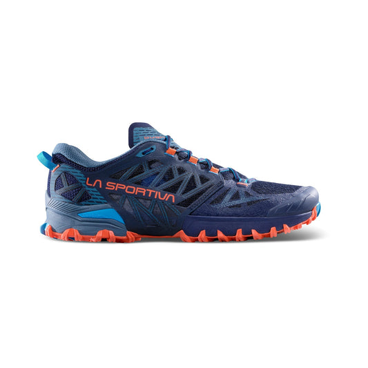 The La Sportiva Bushido III Wide trail running shoe features a blue and orange design, rugged sole, mesh upper, and side logo—engineered for outdoor or mountain terrain.