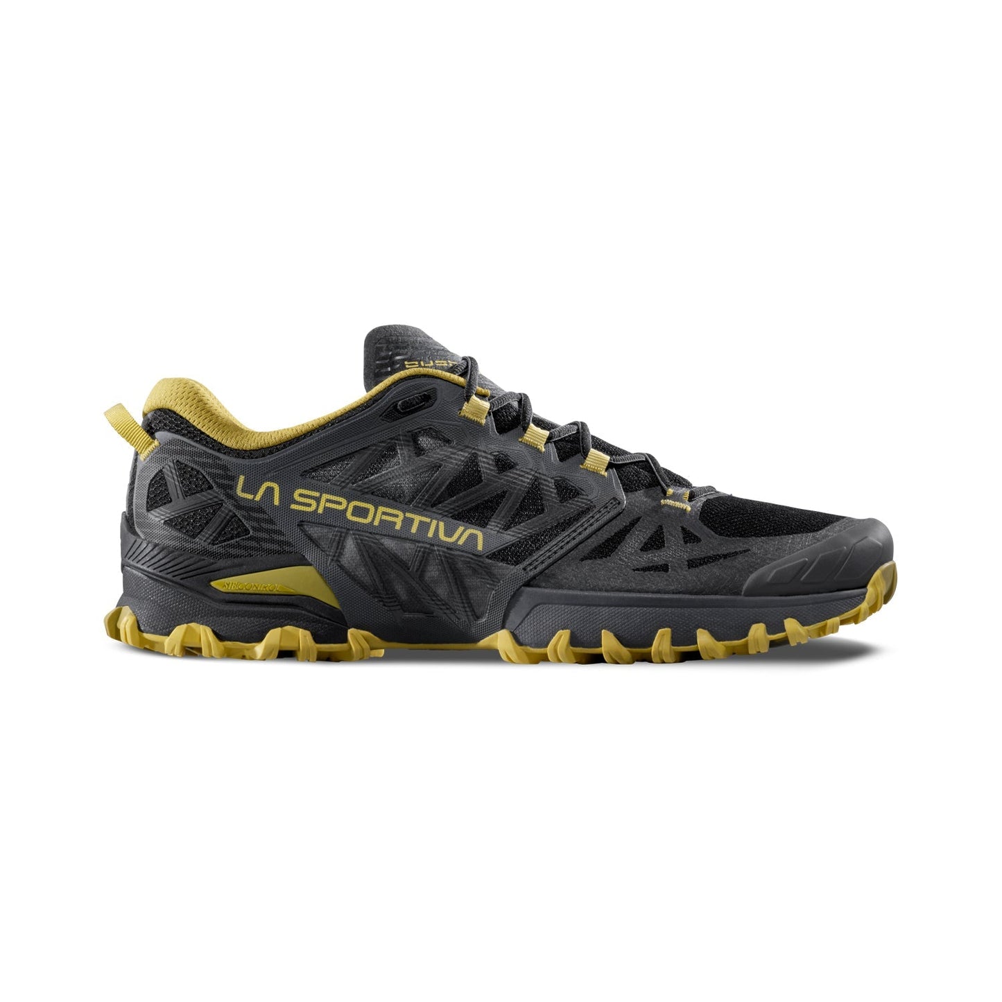 The La Sportiva Bushido III is a black and yellow trail running shoe with rugged tread and La Sportiva branding, built for mountain running and outdoor adventures.
