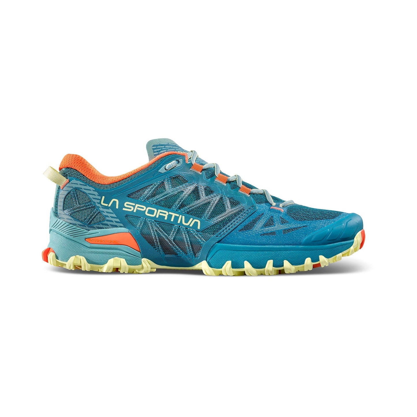 The La Sportiva Bushido III Women's trail running shoe features a blue upper with yellow accents, an orange interior lining, and a rugged beige outsole, displayed in side profile against a white background.