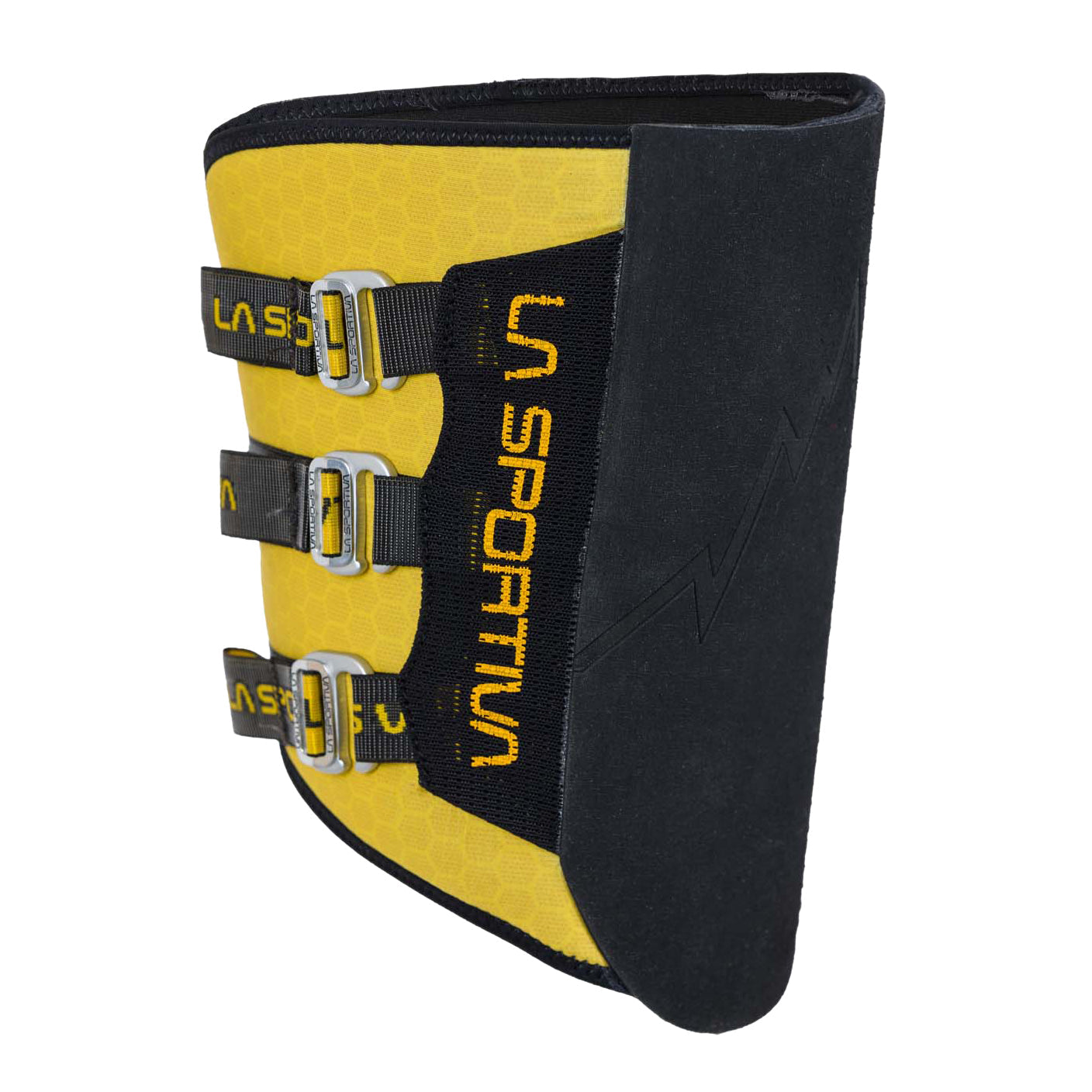 The La Sportiva Laspo Knee Pad is a yellow and black gaiter with three adjustable metal buckles and yellow La Sportiva branding, designed for performance and ideal for technical kneebars when combined with your favorite kneepad.