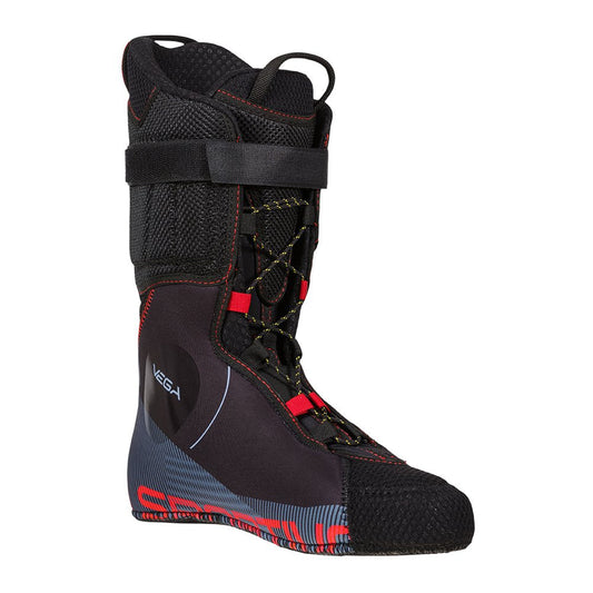 The La Sportiva Vega Liner Women's is a black and red boot liner with a lace-up front, stitched details, Velcro strap at the top, and textured panels for support—ideal as a replacement liner for Vega Women’s ski boots.