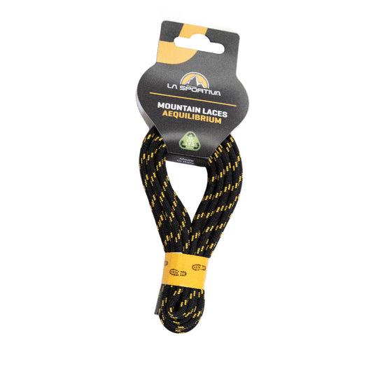 A package of La Sportiva Aequilibrium Laces, black with yellow accents, coiled and secured with a yellow band, is shown against a white background.
