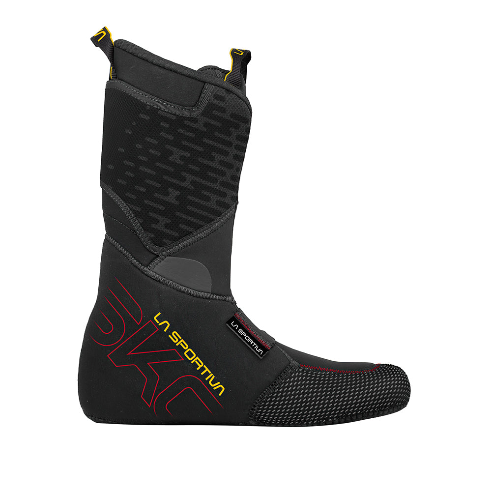 The La Sportiva Skorpius CR II Liner is a black and gray high-cut ski boot liner featuring yellow and red accents, textured toe and heel areas, plus La Sportiva branding on the side and ankle.