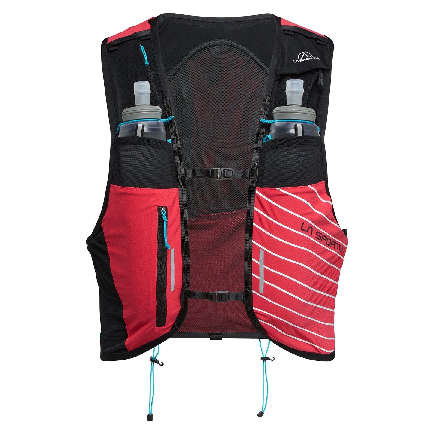 The La Sportiva Ultra Trail Vest 10L is a red and black trail backpack vest with multiple storage options, including two front water bottle pockets, mesh panels, zippered pockets, adjustable straps, and La Sportiva branding on the right pocket.
