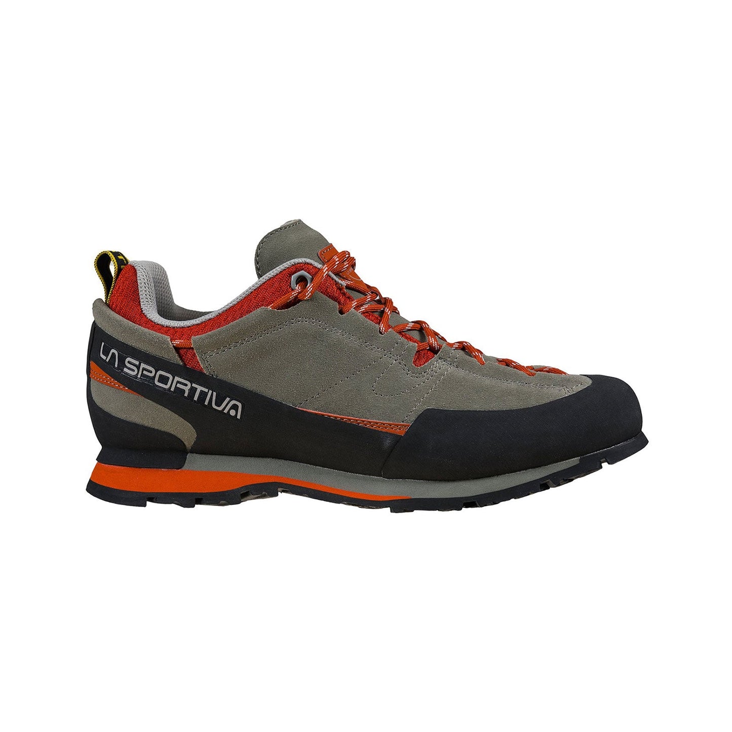 The La Sportiva Boulder X is a gray and black approach shoe with orange accents and laces, featuring a durable Vibram sole and side branding—shown in profile on white—perfect for your next crag adventure.