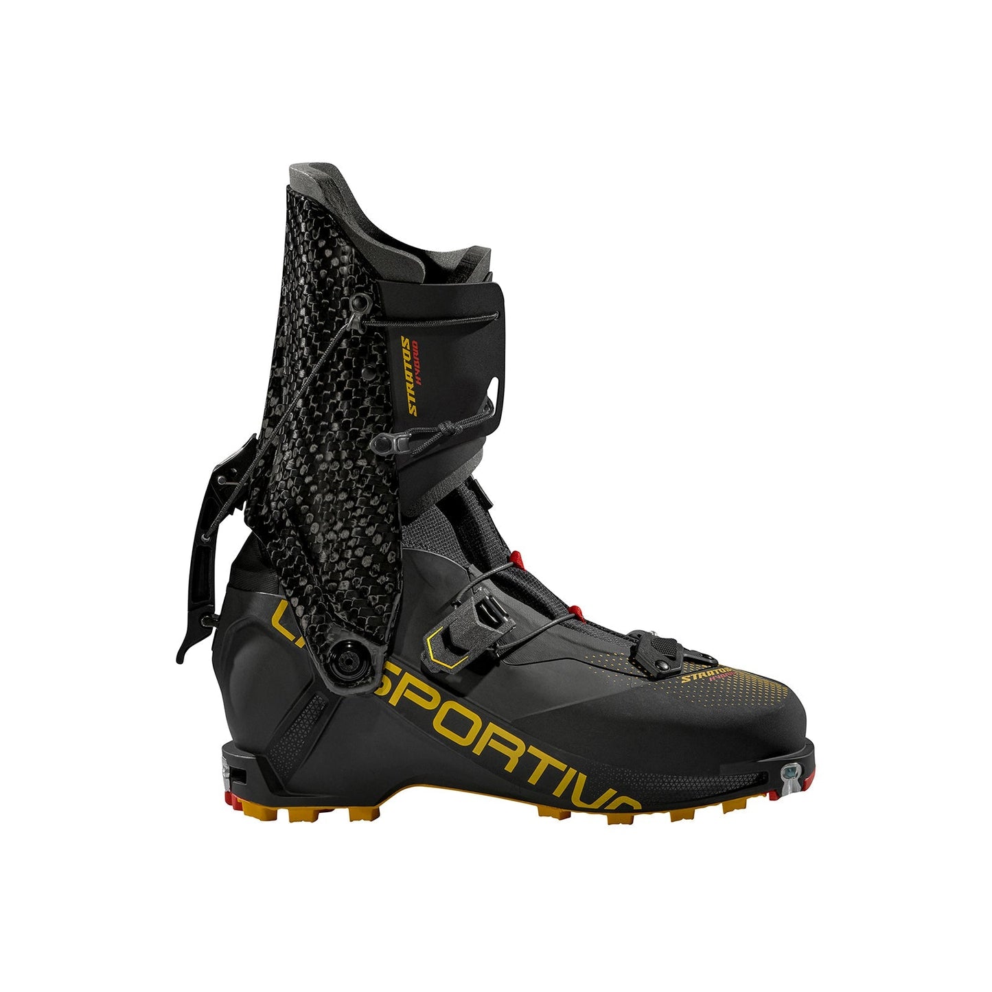 The La Sportiva Stratos Hybrid is a black mountaineering boot with yellow branding, a tall carbon cuff, carbon fiber accents, and layered fastenings for lightweight ski mountaineering, shown on a white background.