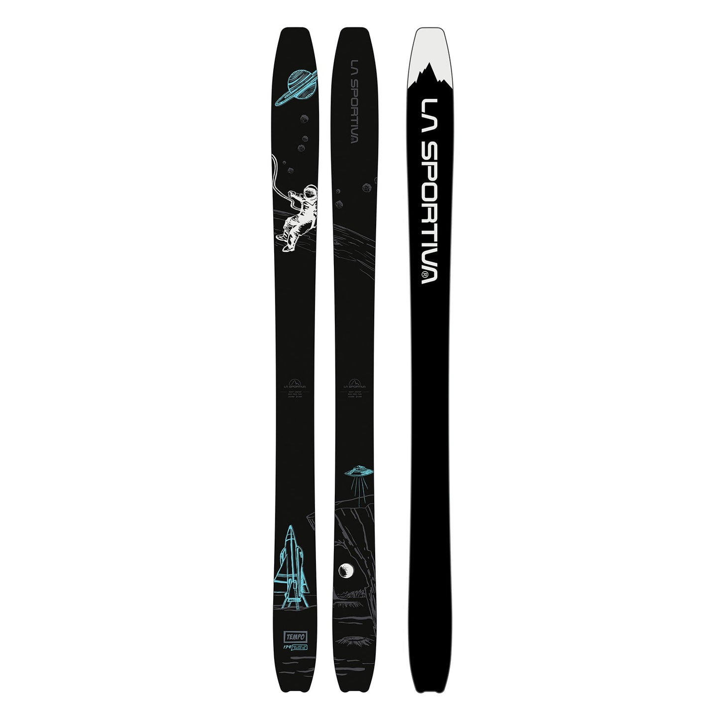 Three black La Sportiva Tempo backcountry skis feature white and light blue mountain, astronaut, UFO, and planet graphics, plus the La Sportiva logo in white on one lightweight ski.