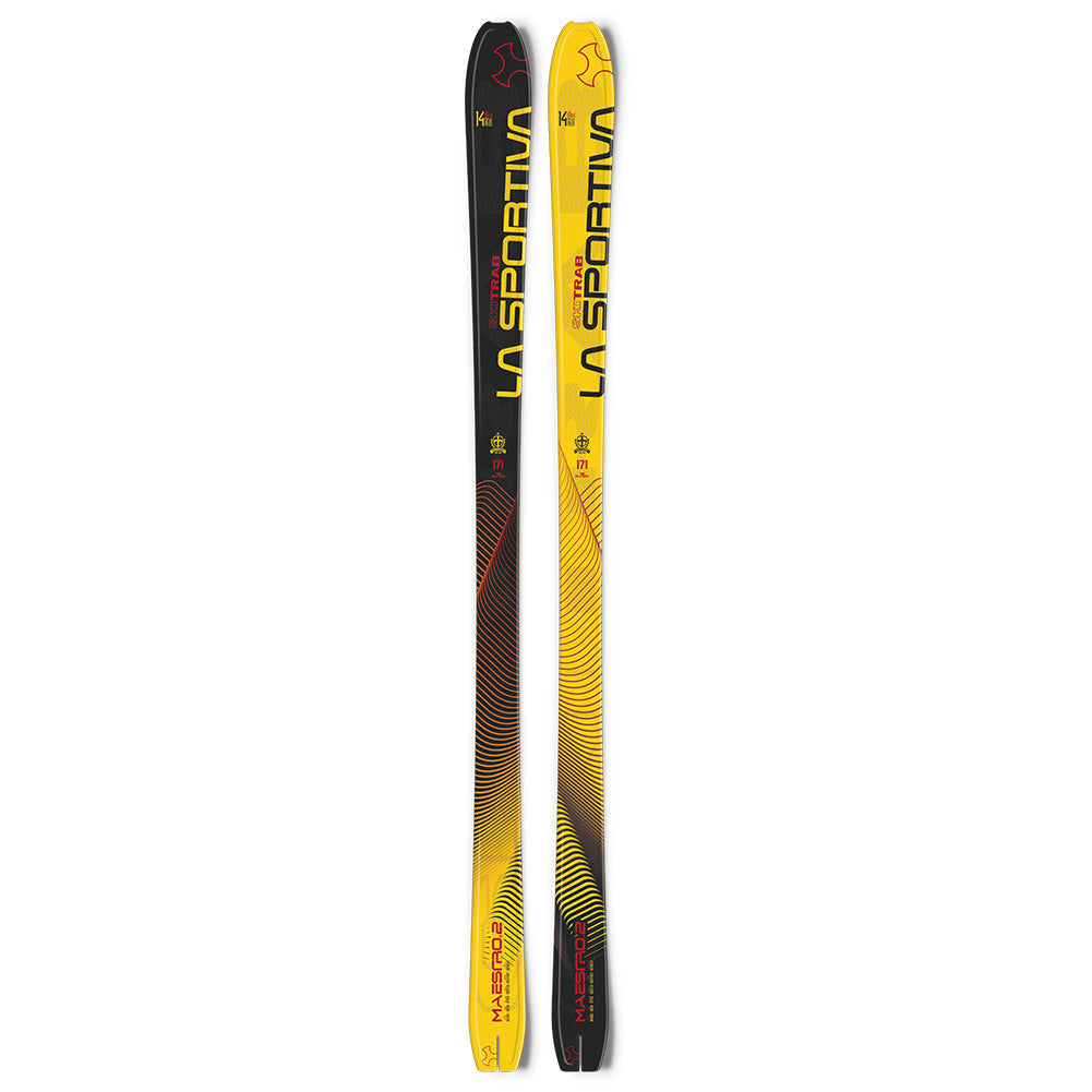 A pair of yellow and black La Sportiva Maestro.2 LS skis with bold gradients, an aramide core for lightweight performance, and the La Sportiva name displayed along each ski.