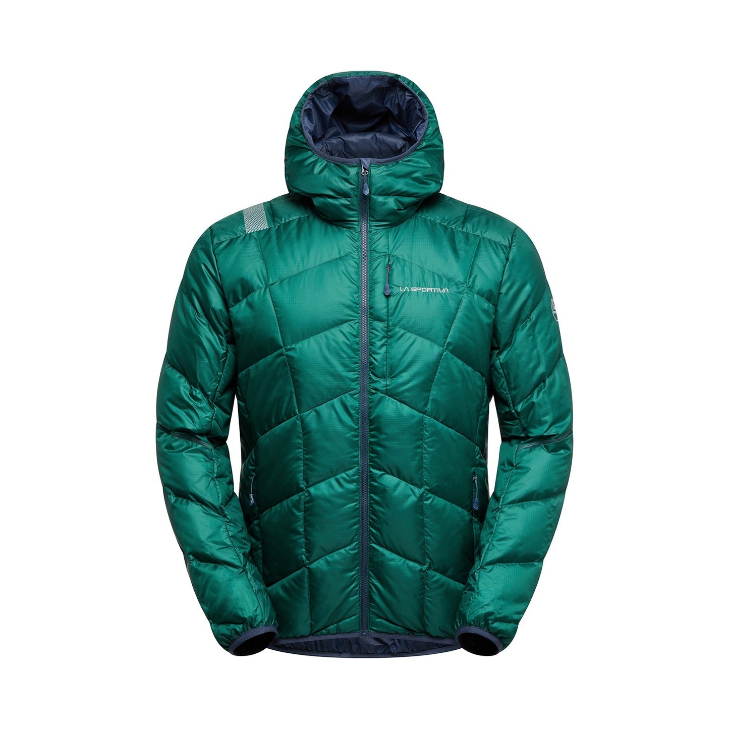 The La Sportiva Pinnacle Down Jacket Men's is a green quilted puffer with down insulation, front zipper, adjustable hood, and two zippered side pockets, shown on a plain white background.