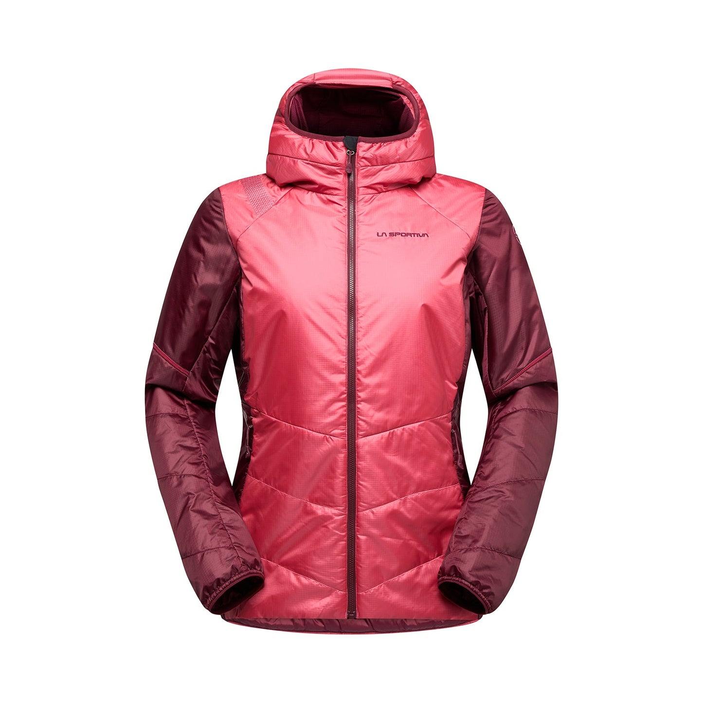 The La Sportiva Mythic Primaloft Jacket Women's is an insulated, hooded jacket with a pink and maroon two-tone design, front zipper, long sleeves, and the La Sportiva logo on the chest—perfect for winter warmth.
