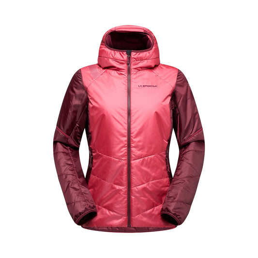 The La Sportiva Mythic Primaloft Jacket Women's is an insulated, hooded jacket with a pink and maroon two-tone design, front zipper, long sleeves, and the La Sportiva logo on the chest—perfect for winter warmth.