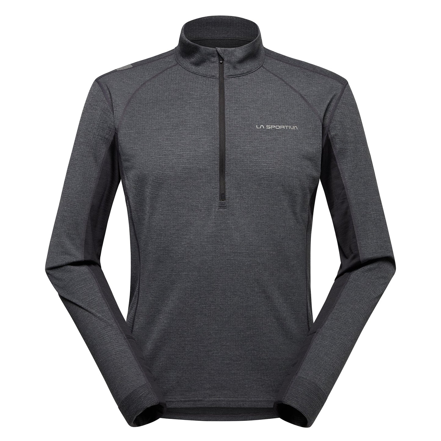 The La Sportiva Swift Long Sleeve Men's is a dark gray quarter-zip pullover with subtle black side panels, a stand-up collar, and fitted sleeves—perfect for technical winter mountain running.