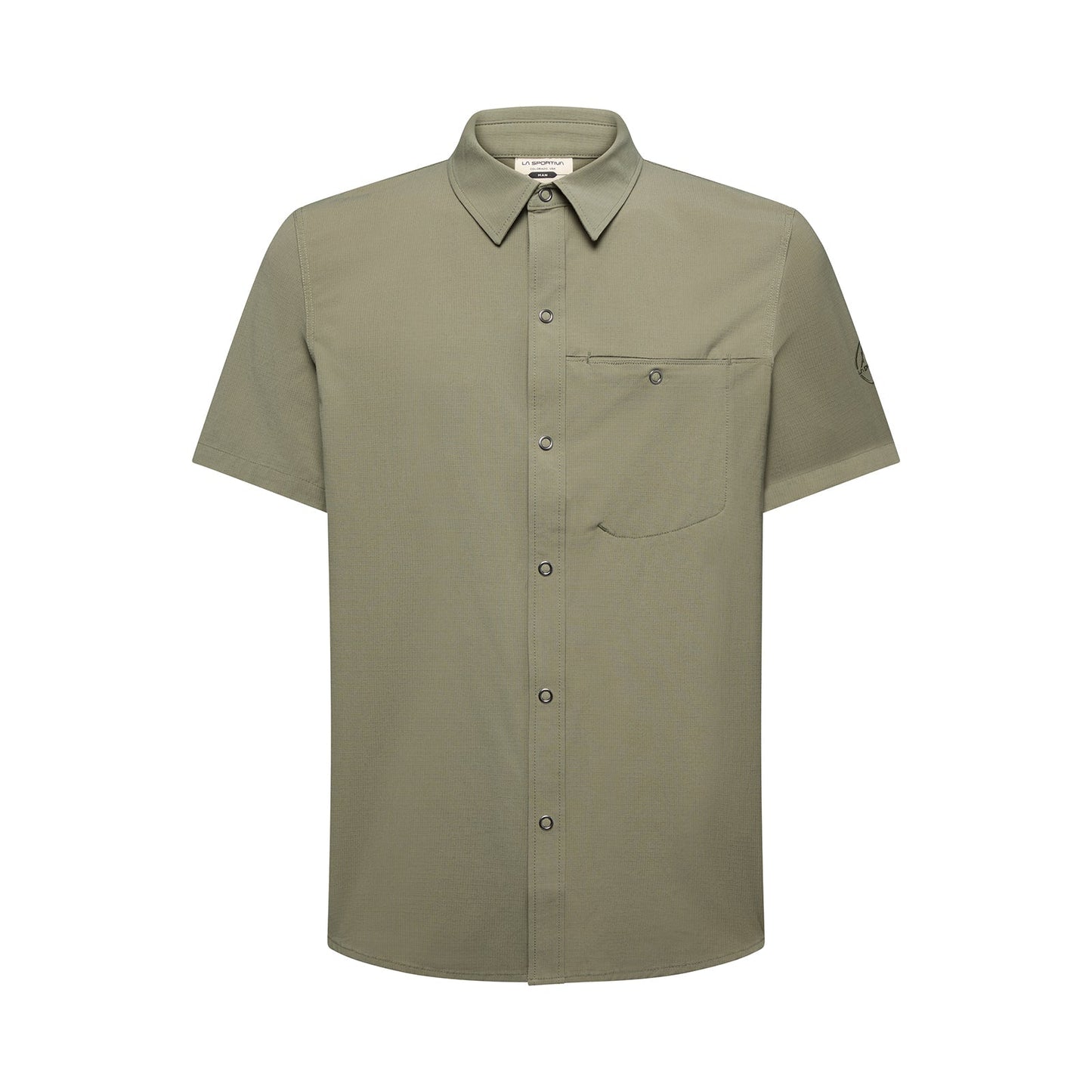 The La Sportiva Superfly Short Sleeve Shirt Men's is an olive green, button-down climbing shirt with a collar and single chest pocket, made from durable ripstop fabric and shown on a plain white background.