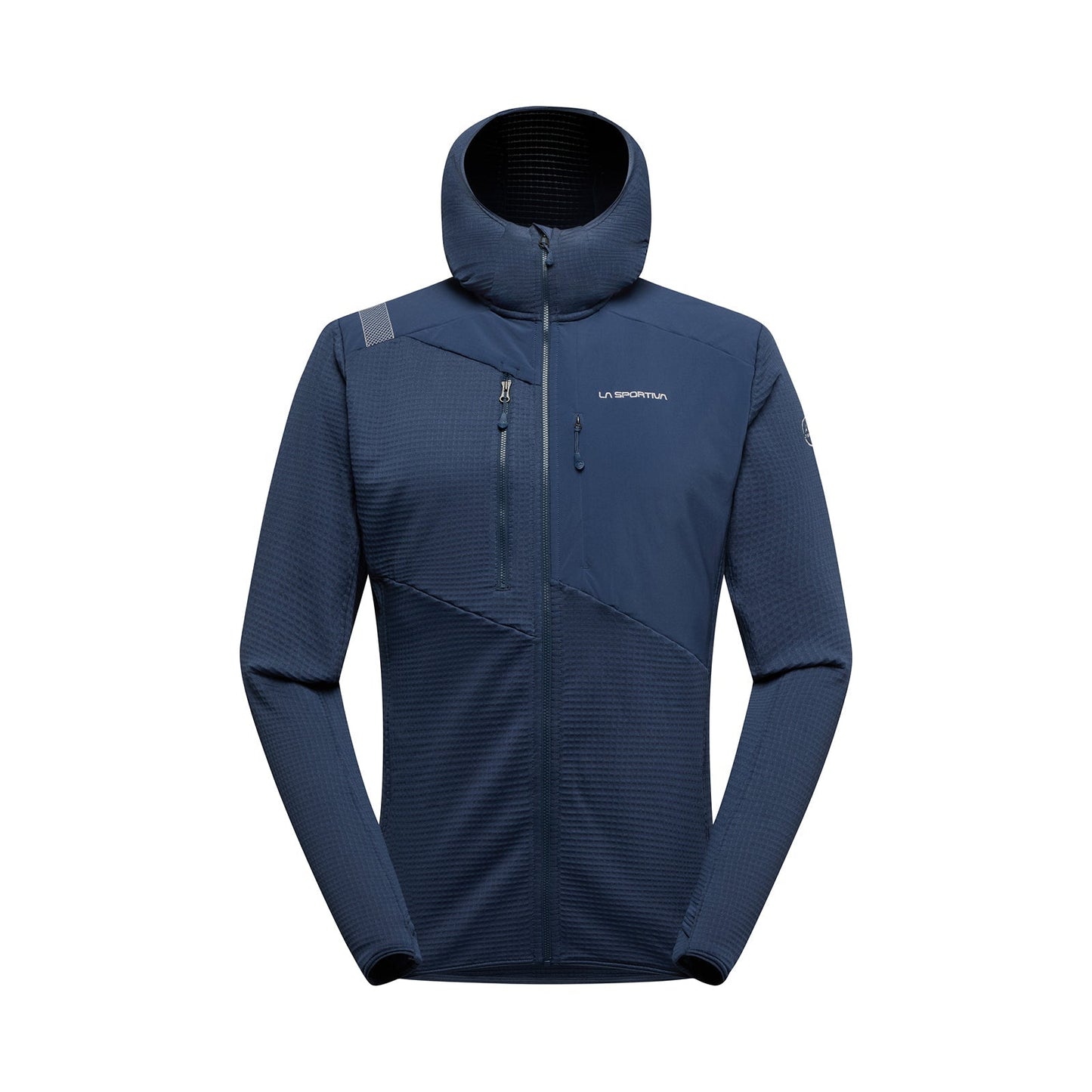 The La Sportiva Lucendro Thermal Hoody Men's is a blue zip-up jacket with a hood, chest pocket, textured pattern, and logo—ideal for mountaineers as a quick-drying thermal layer—shown against a white background.
