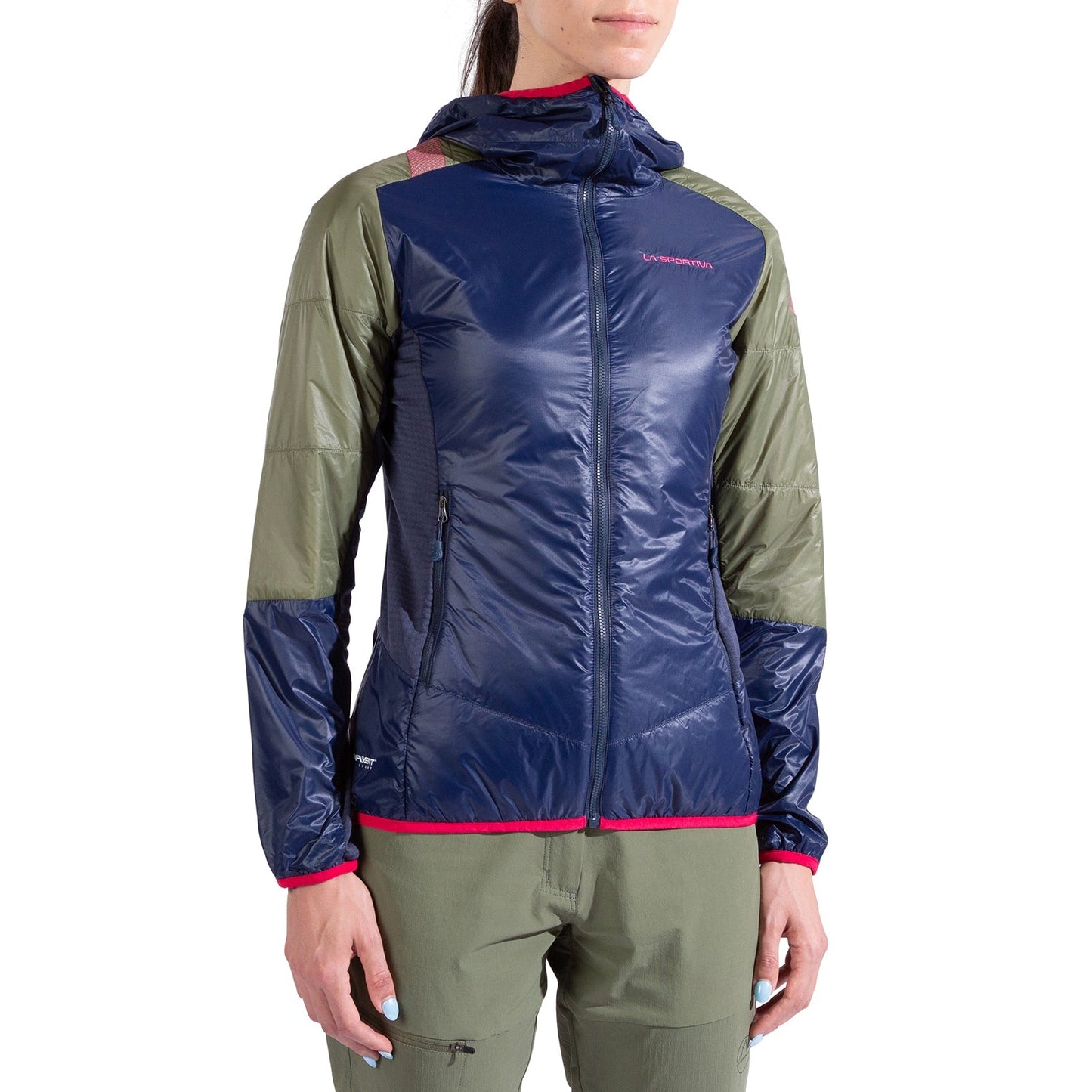 A woman wears the La Sportiva Aequilibrium Lite Insulation Jacket Women's in navy blue and olive green with pink trim and logo, paired with olive green pants—designed for optimal warmth-to-weight on technical climbs.